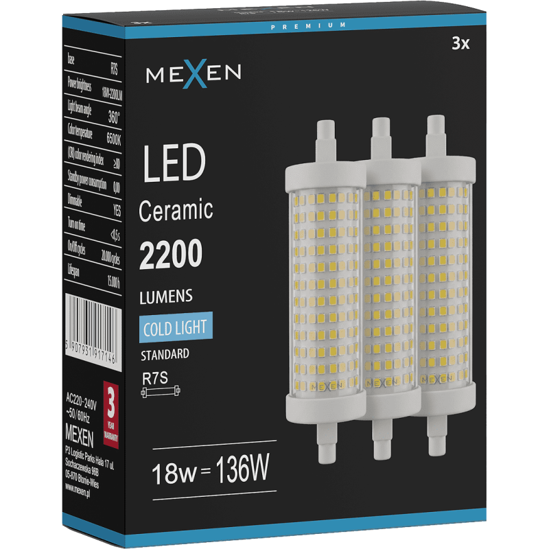 Mexen Vega 3x żarówka LED ściemnialna R7S, 18W, Zimna - 6500K, 2200 lm - L125-R7S-1865-02x03