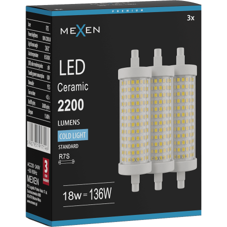 Mexen Vega 3x żarówka LED ściemnialna R7S, 18W, Zimna - 6500K, 2200 lm - L125-R7S-1865-02x03