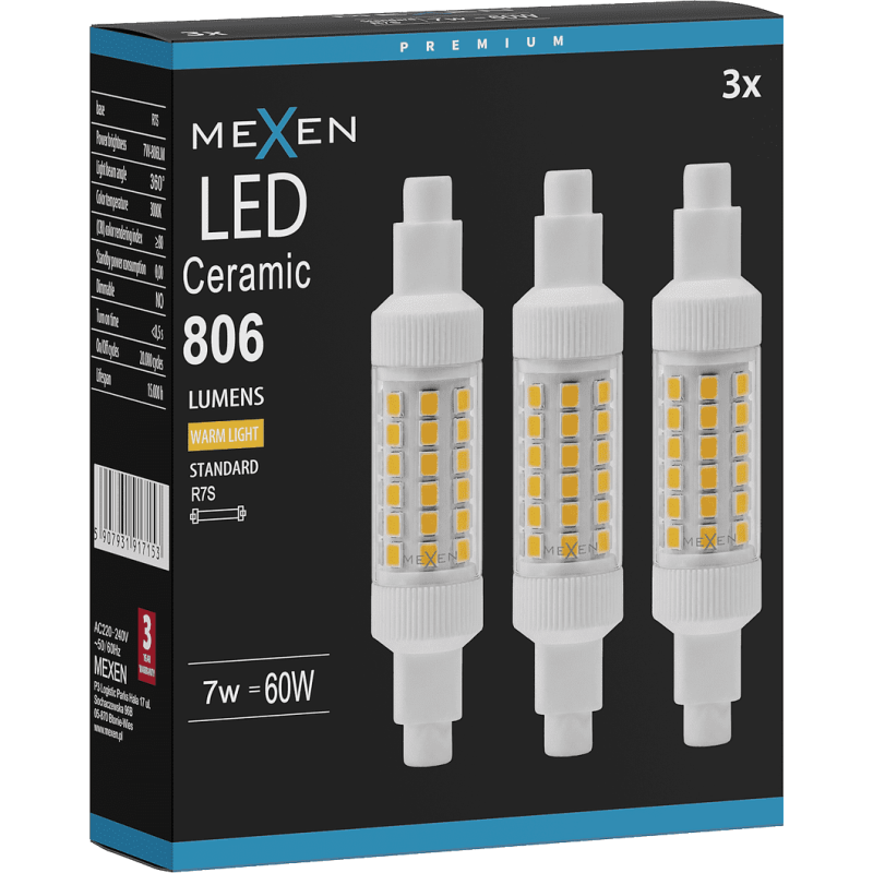 Mexen Vega 3x żarówka LED R7S, 7W, Ciepła - 3000K, 806 lm - L126-R7S-0730-01x03