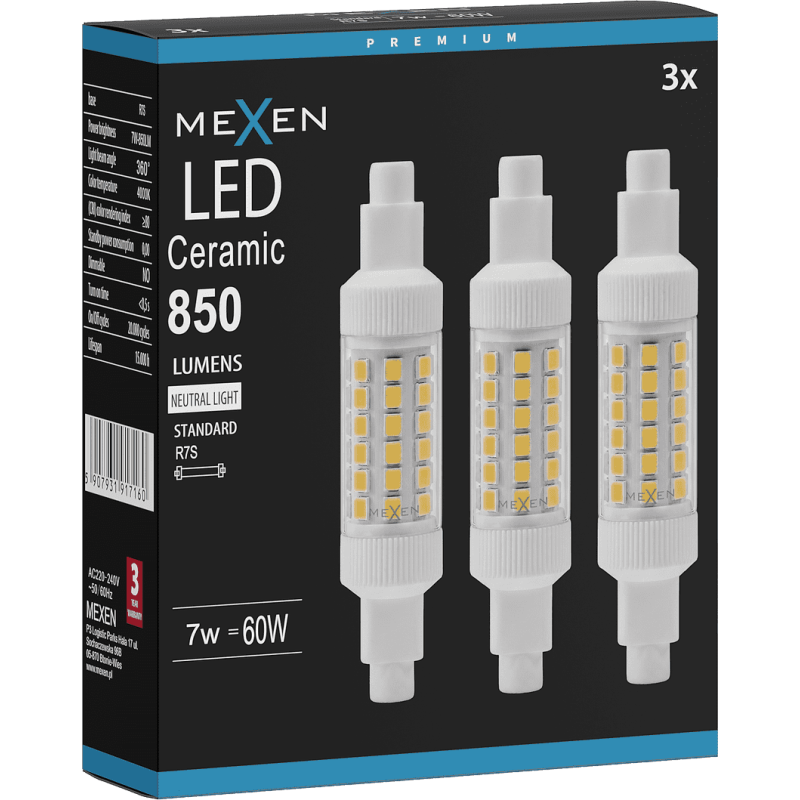 Mexen Vega 3x żarówka LED R7S, 7W, Neutralna - 4000K, 850 lm - L126-R7S-0740-01x03