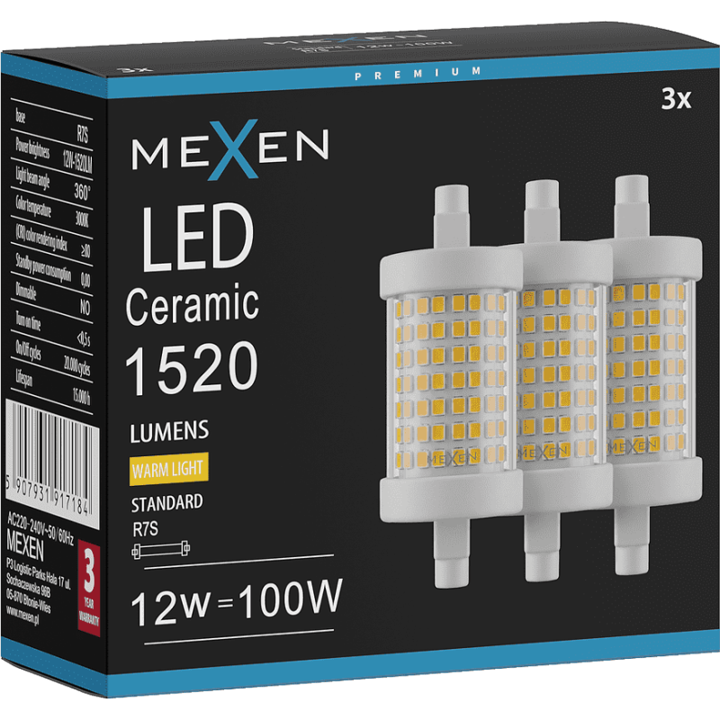 Mexen Vega 3x żarówka LED R7S, 12W, Ciepła - 3000K, 1520 lm - L126-R7S-1230-01x03