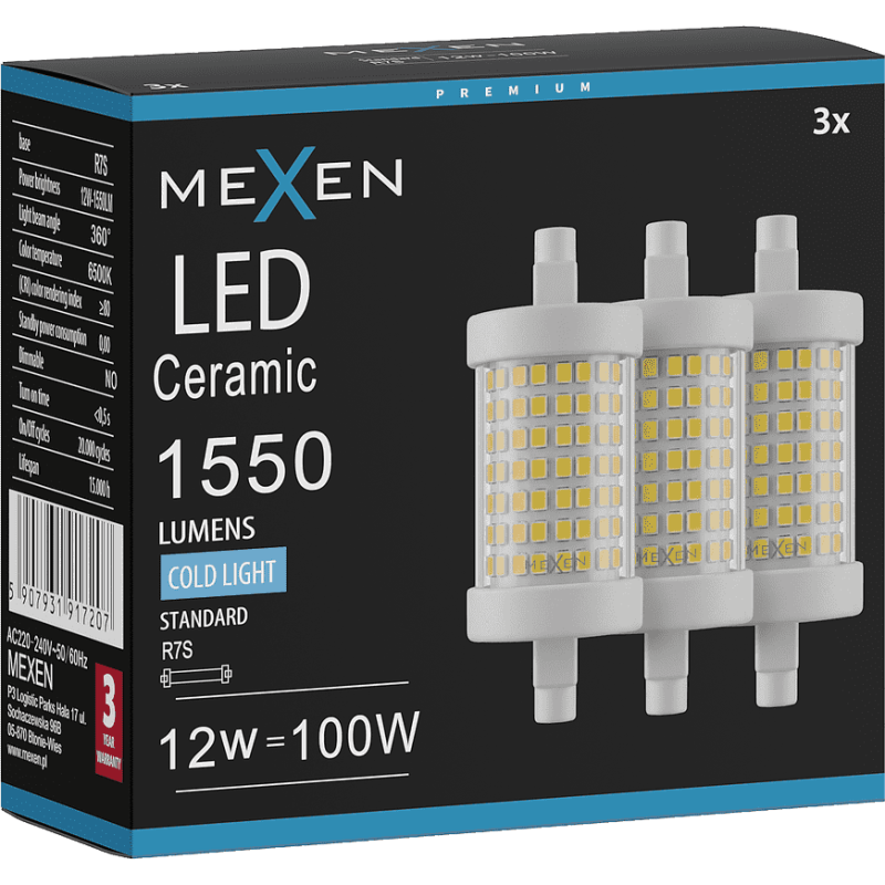 Mexen Vega 3x żarówka LED R7S, 12W, Zimna - 6500K, 1550 lm - L126-R7S-1265-01x03