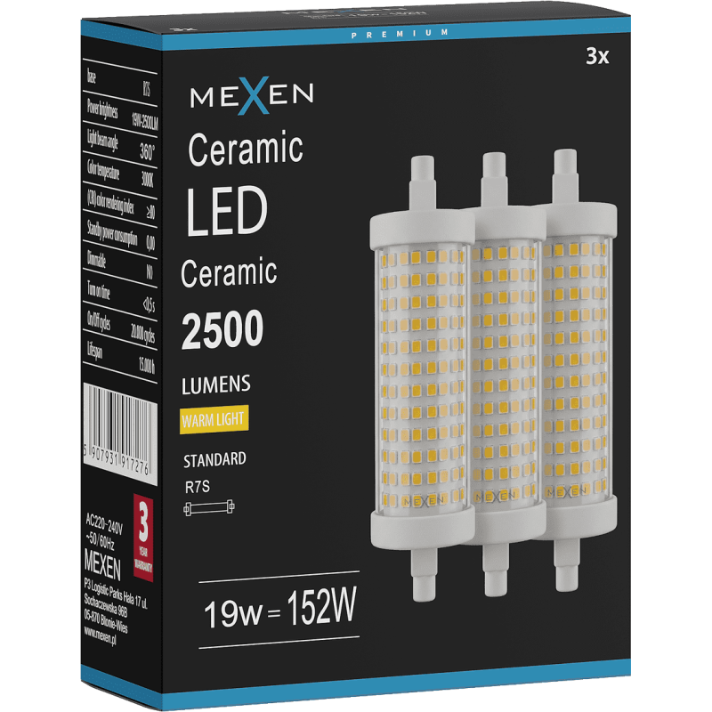 Mexen Vega 3x żarówka LED R7S, 19W, Ciepła - 3000K, 2500 lm - L126-R7S-1930-02x03