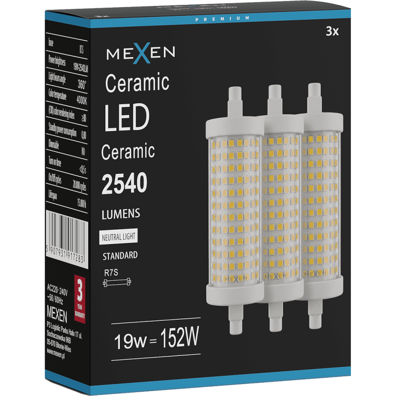 Mexen Vega 3x żarówka LED R7S, 19W, Neutralna - 4000K, 2540 lm - L126-R7S-1940-02x03