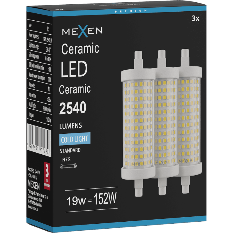 Mexen Vega 3x żarówka LED R7S, 19W, Zimna - 6500K, 2540 lm - L126-R7S-1965-02x03