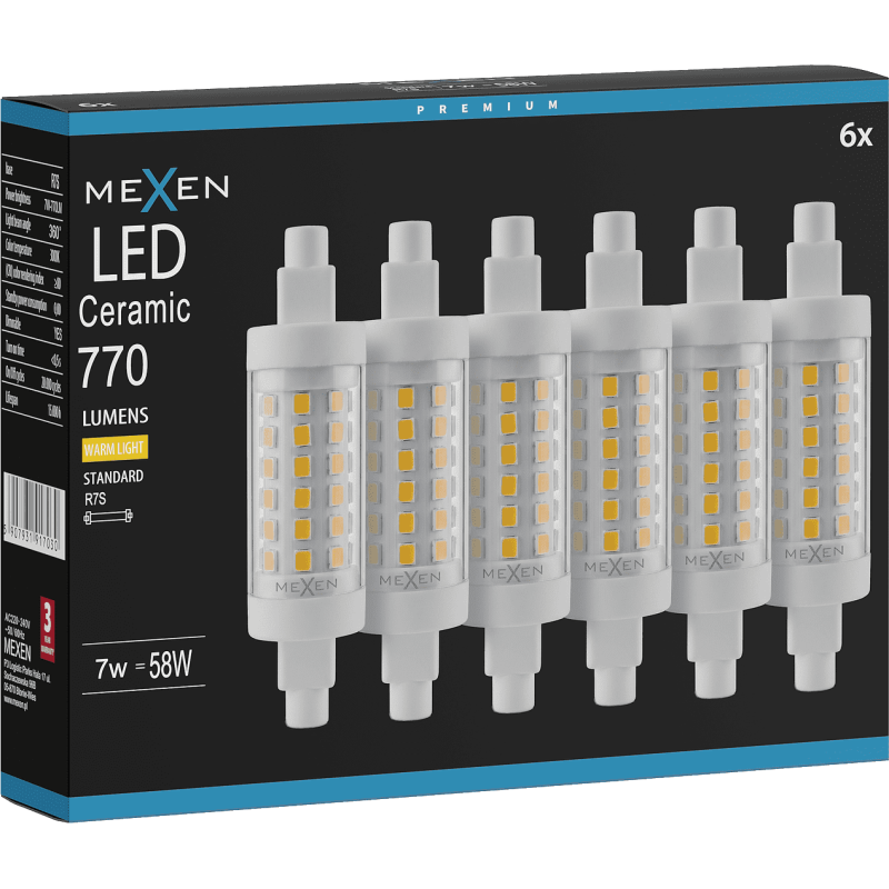 Mexen Vega 6x żarówka LED ściemnialna R7S, 7W, Ciepła - 3000K, 770 lm - L125-R7S-0730-01x06