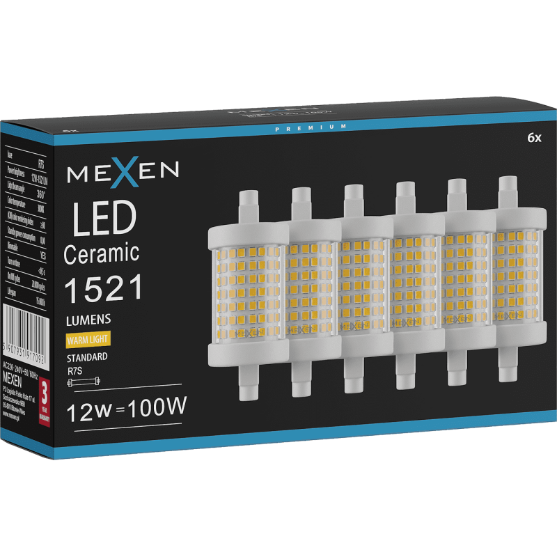 Mexen Vega 6x żarówka LED ściemnialna R7S, 12W, Ciepła - 3000K, 1521 lm - L125-R7S-1230-01x06