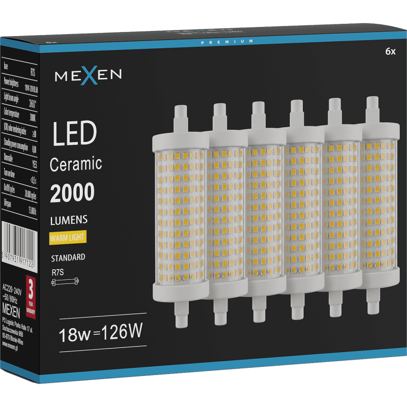 Mexen Vega 6x żarówka LED ściemnialna R7S, 18W, Ciepła - 3000K, 2000 lm - L125-R7S-1830-02x06