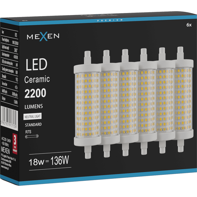 Mexen Vega 6x żarówka LED ściemnialna R7S, 18W, Neutralna - 4000K, 2200 lm - L125-R7S-1840-02x06