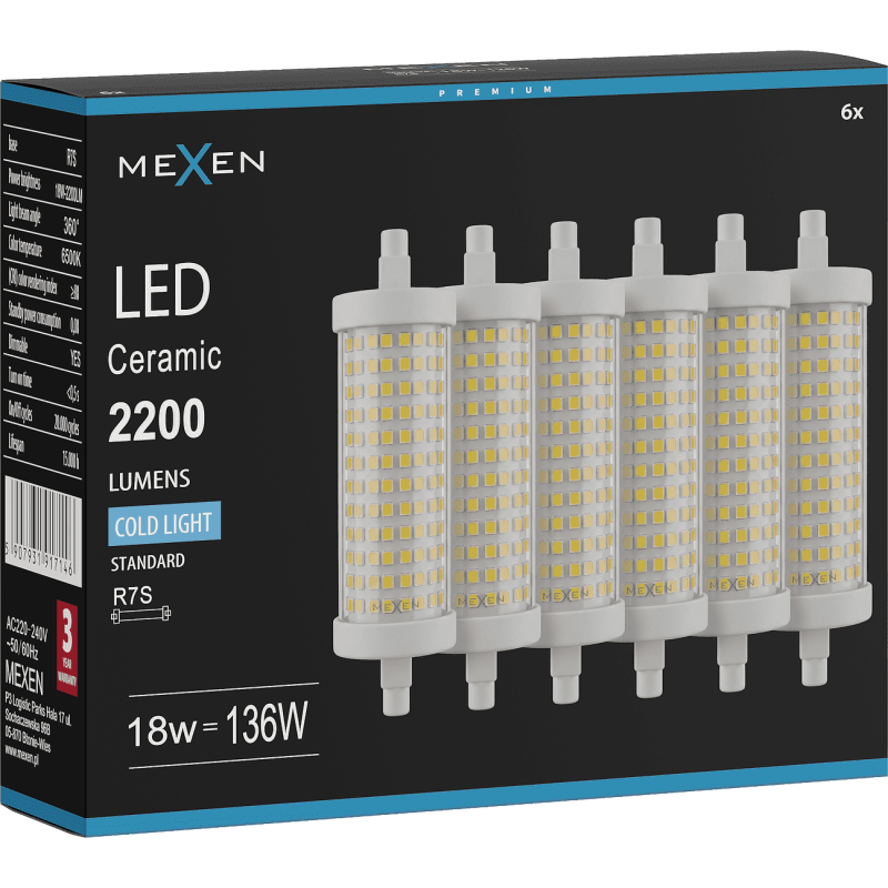 Mexen Vega 6x żarówka LED ściemnialna R7S, 18W, Zimna - 6500K, 2200 lm - L125-R7S-1865-02x06