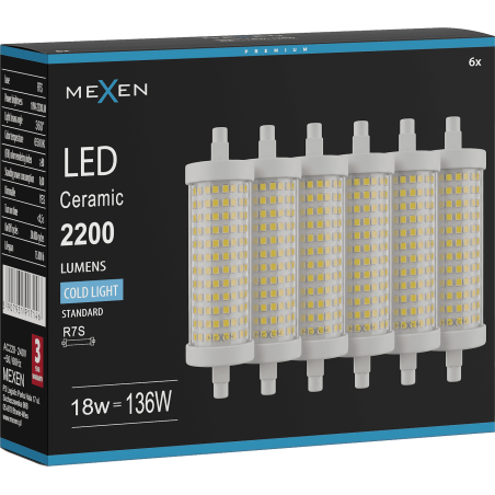 Mexen Vega 6x żarówka LED ściemnialna R7S, 18W, Zimna - 6500K, 2200 lm - L125-R7S-1865-02x06