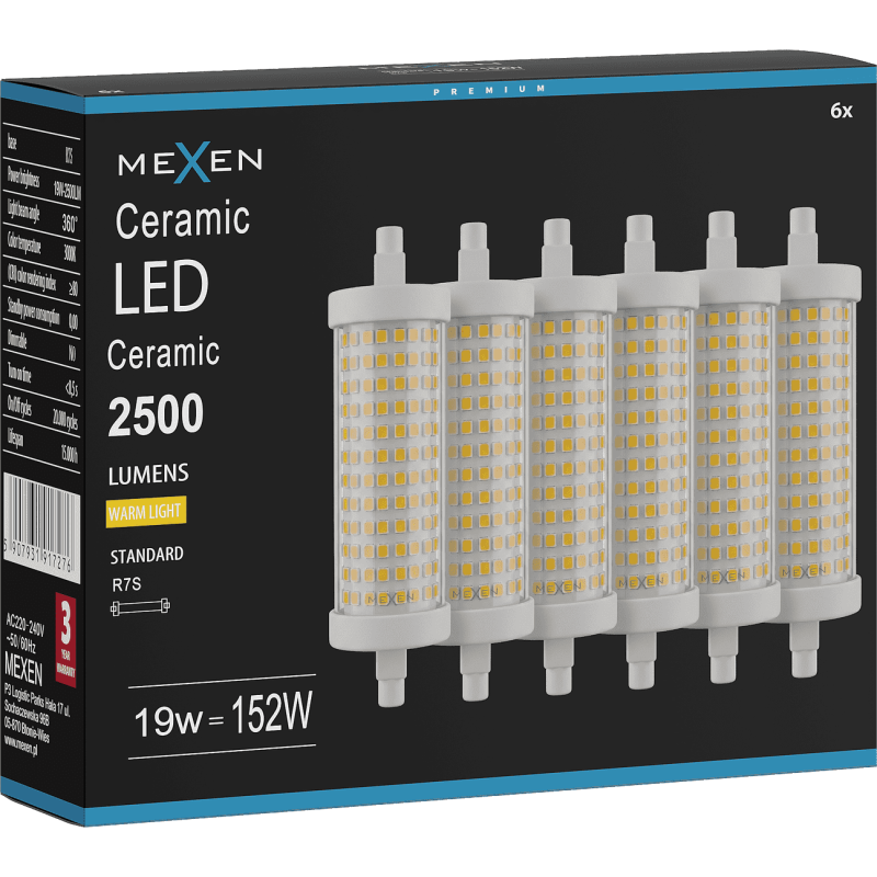 Mexen Vega 6x żarówka LED R7S, 19W, Ciepła - 3000K, 2500 lm - L126-R7S-1930-02x06