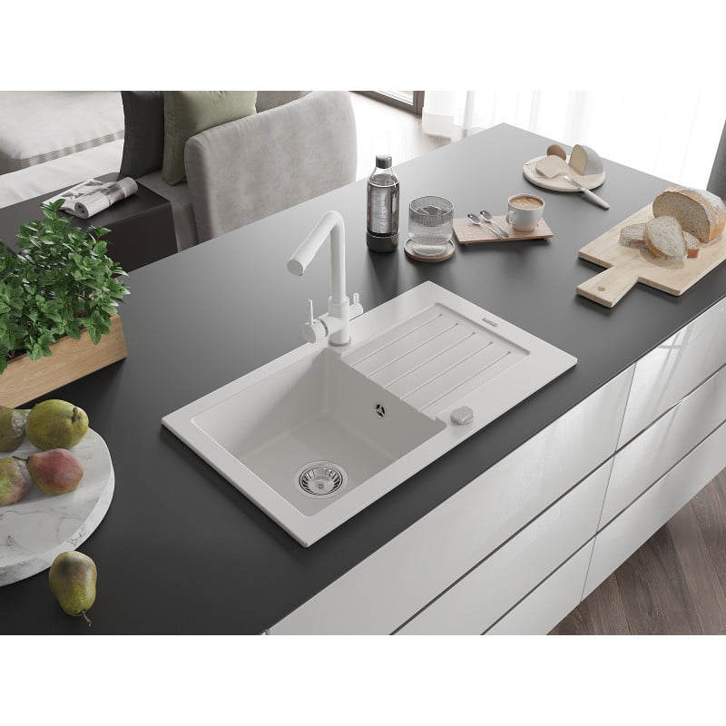 Mexen Pablo zlewozmywak granitowy 1-komorowy z ociekaczem i baterią kuchenną Duero, biały - 6510-20-671600-20