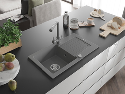 Mexen Pablo zlewozmywak granitowy 1-komorowy z ociekaczem i baterią kuchenną Duero, szary - 6510-71-671600-71