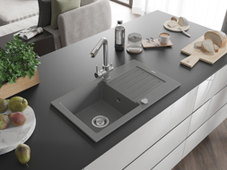 Mexen Pablo zlewozmywak granitowy 1-komorowy z ociekaczem i baterią kuchenną Duero, szary - 6510-71-671600-00