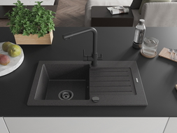 Mexen Pablo zlewozmywak granitowy 1-komorowy z ociekaczem i baterią kuchenną Duero, czarny nakrapiany - 6510-76-671600-70-B