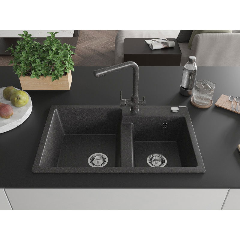 Mexen Tomas zlewozmywak granitowy 2-komorowy z baterią kuchenną Duero, czarny nakrapiany - 6516-76-671600-76