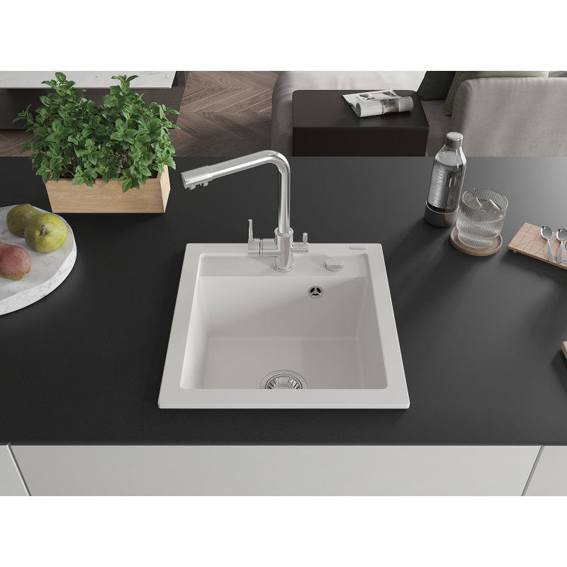 Mexen Vito zlewozmywak granitowy 1-komorowy z baterią kuchenną Duero, biały - 6503-20-671600-00