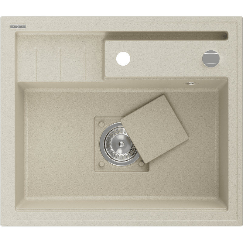 Mexen Agier zlewozmywak granitowy 1-komorowy z deską 600 x 520 mm, beżowy, syfon chrom - 6524601000-69