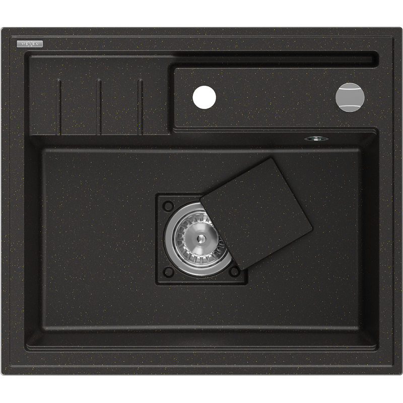 Mexen Agier zlewozmywak granitowy 1-komorowy z deską 600 x 520 mm, czarny/złoty metalik, syfon chrom - 6524601000-75