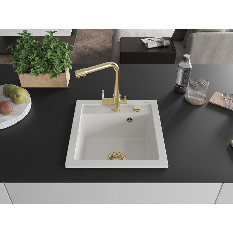 Mexen Vito zlewozmywak granitowy 1-komorowy z baterią kuchenną Duero, biały - 6503-20-671600-50