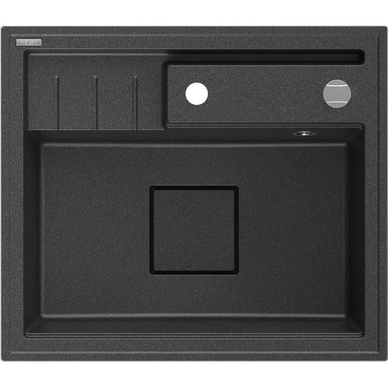 Mexen Agier zlewozmywak granitowy 1-komorowy z deską 600 x 520 mm, czarny nakrapiany, syfon chrom - 6524601000-76