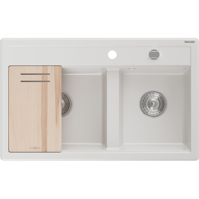 Mexen Triton zlewozmywak granitowy 2-komorowy z deską 800 x 495 mm, biały, syfon chrom - 6531802000-20