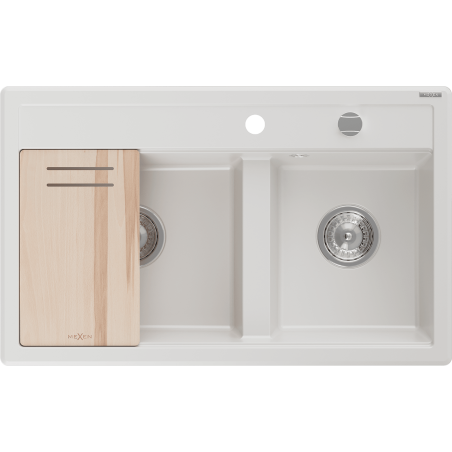 Mexen Triton zlewozmywak granitowy 2-komorowy z deską 800 x 495 mm, biały, syfon chrom - 6531802000-20