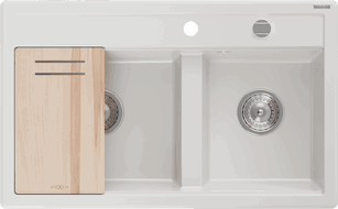 Mexen Triton zlewozmywak granitowy 2-komorowy z deską 800 x 495 mm, biały, syfon chrom - 6531802000-20