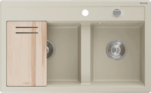 Mexen Triton zlewozmywak granitowy 2-komorowy z deską 800 x 495 mm, beżowy, syfon chrom - 6531802000-69