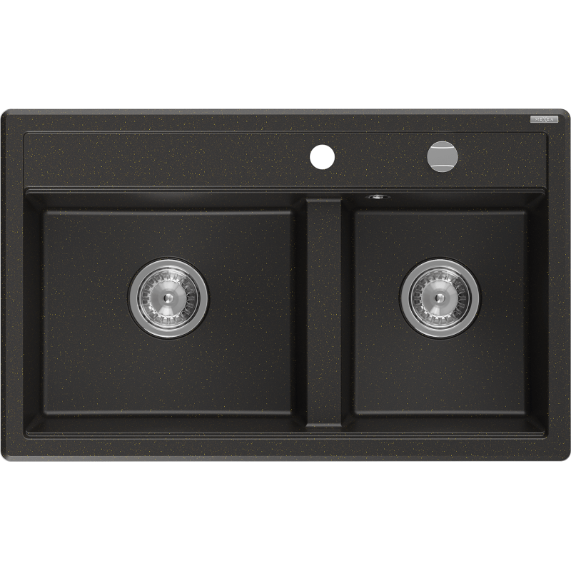Mexen Triton zlewozmywak granitowy 2-komorowy z deską 800 x 495 mm, czarny/złoty metalik, syfon chrom - 6531802000-75
