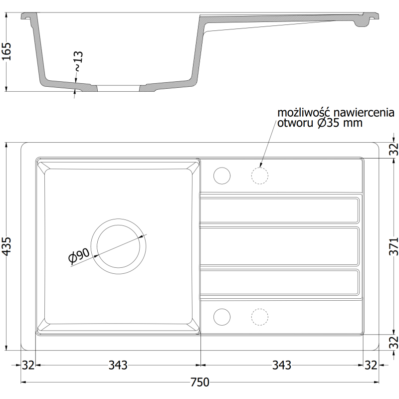 Mexen Petros zlewozmywak granitowy 1-komorowy z ociekaczem i deską 750 x 435 mm, biały, syfon chrom - 6529751005-20