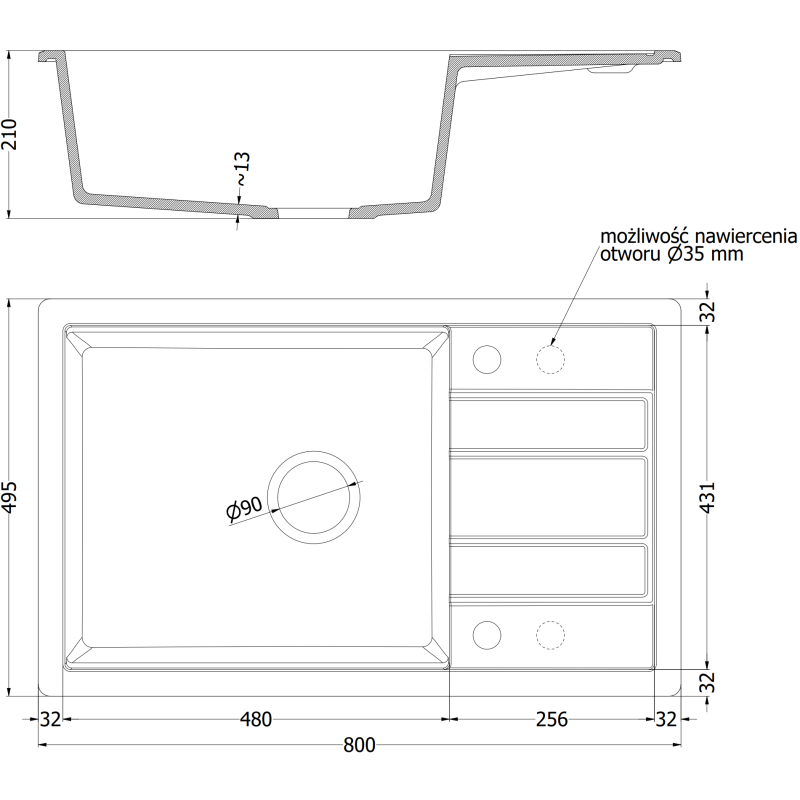 Mexen Lithos zlewozmywak granitowy 1-komorowy z ociekaczem i deską 800 x 495 mm, czarny/srebrny metalik, syfon chrom