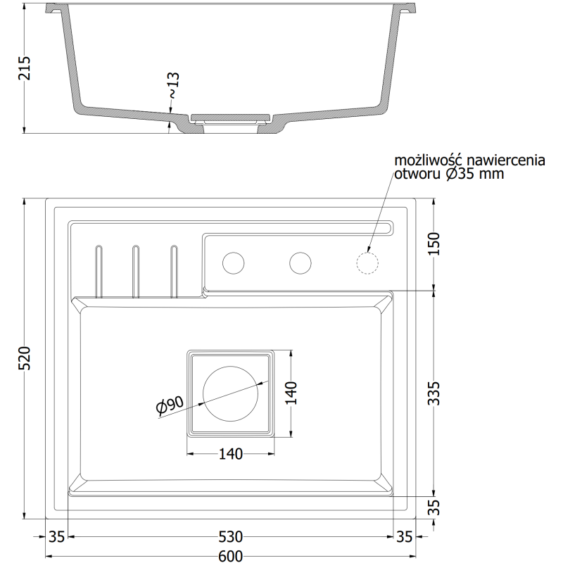 Mexen Agier zlewozmywak granitowy 1-komorowy z deską 600 x 520 mm, czarny/złoty metalik, syfon chrom - 6524601000-75