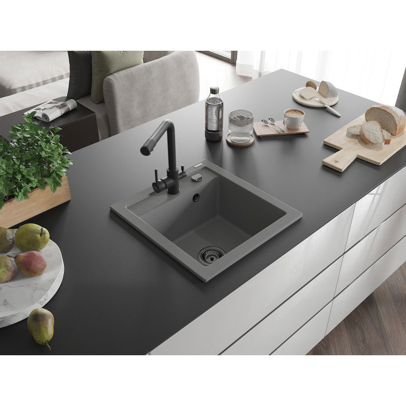Mexen Vito zlewozmywak granitowy 1-komorowy z baterią kuchenną Duero, szary - 6503-71-671600-70-B