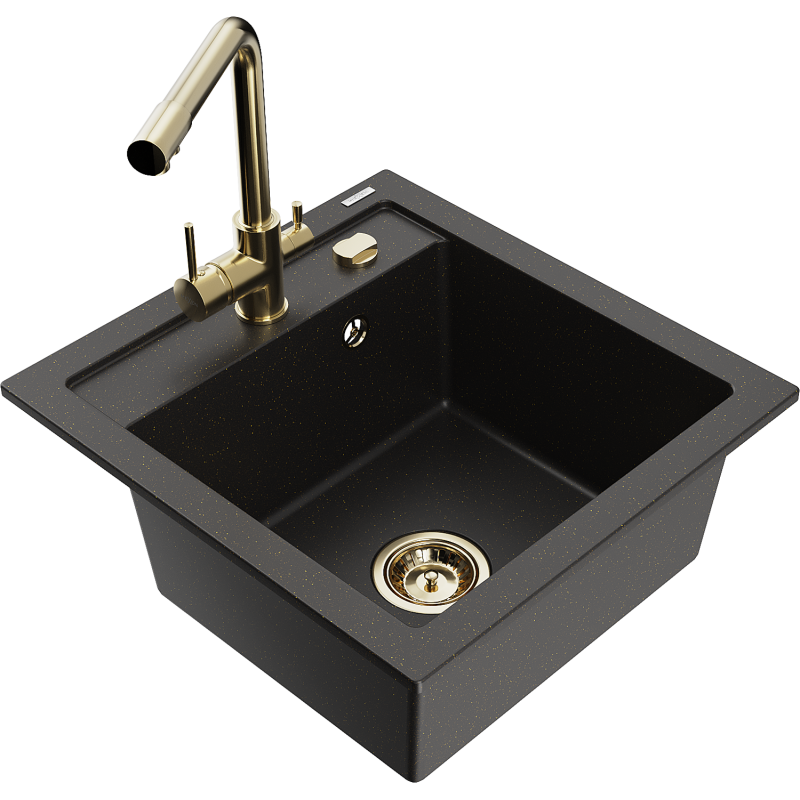 Mexen Vito zlewozmywak granitowy 1-komorowy z baterią kuchenną Duero, czarny/złoty metalik - 6503-75-671600-50