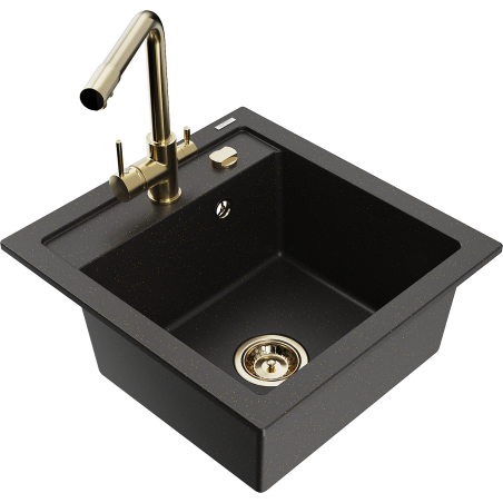 Mexen Vito zlewozmywak granitowy 1-komorowy z baterią kuchenną Duero, czarny/złoty metalik - 6503-75-671600-50