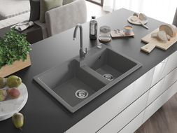 Mexen Tomas zlewozmywak granitowy 2-komorowy z baterią kuchenną Telma, szary - 6516-71-670200-71