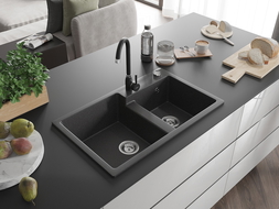 Mexen Tomas zlewozmywak granitowy 2-komorowy z baterią kuchenną Telma, czarny nakrapiany - 6516-76-670200-70