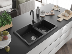 Mexen Tomas zlewozmywak granitowy 2-komorowy z baterią kuchenną Telma, czarny - 6516-77-670200-70