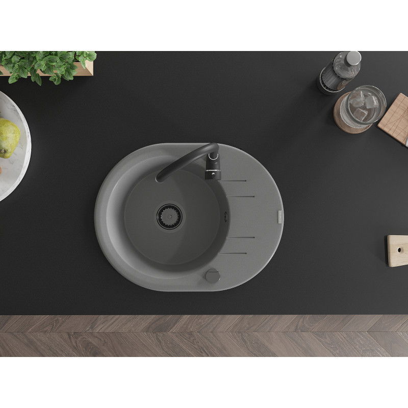 Mexen Kevin zlewozmywak granitowy 1-komorowy z ociekaczem i baterią kuchenną Telma, szary - 6517-71-670200-70-B