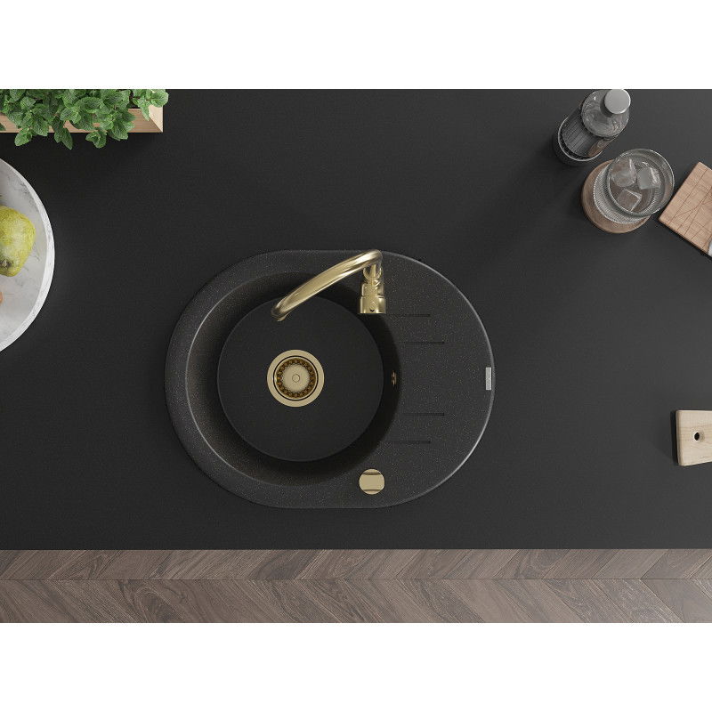 Mexen Kevin zlewozmywak granitowy 1-komorowy z ociekaczem i baterią kuchenną Telma, czarny/srebrny metalik - 6517-73-670200-50