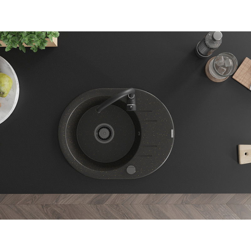 Mexen Kevin zlewozmywak granitowy 1-komorowy z ociekaczem i baterią kuchenną Telma, czarny/złoty metalik - 6517-75-670200-70-B