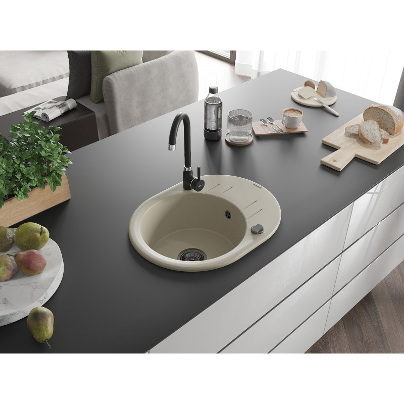 Mexen Kevin zlewozmywak granitowy 1-komorowy z ociekaczem 586 x 458 mm, beżowy, syfon czarny - 6517581005-69-B