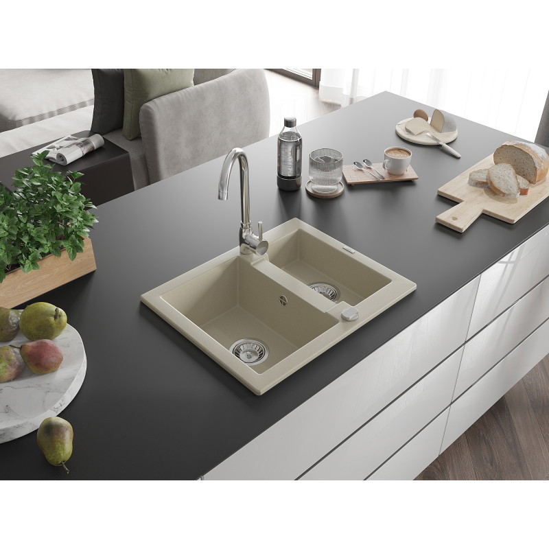 Mexen Carlos zlewozmywak granitowy 1,5-komorowy 582 x 475 mm, beżowy, syfon chrom - 6518581500-69