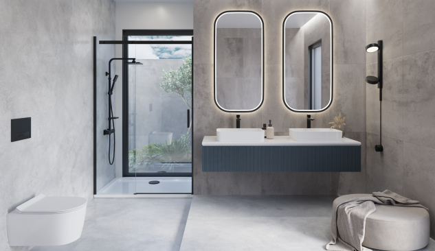 Nowoczesna łazienka z dwoma umywalkami nablatowymi